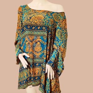 Karma Hwy Silky Boho DS Blouse Blue/ Gold Prt OS NWT